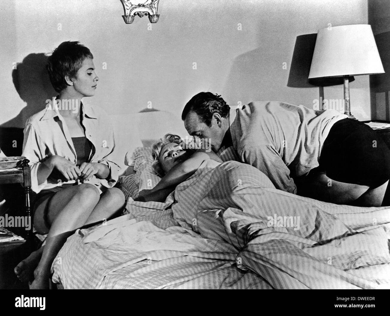 Jean Seberg, Deborah Kerr e David Niven, sul set del film "Bonjour Tristesse" diretto da Otto Preminger, 1958 Foto Stock