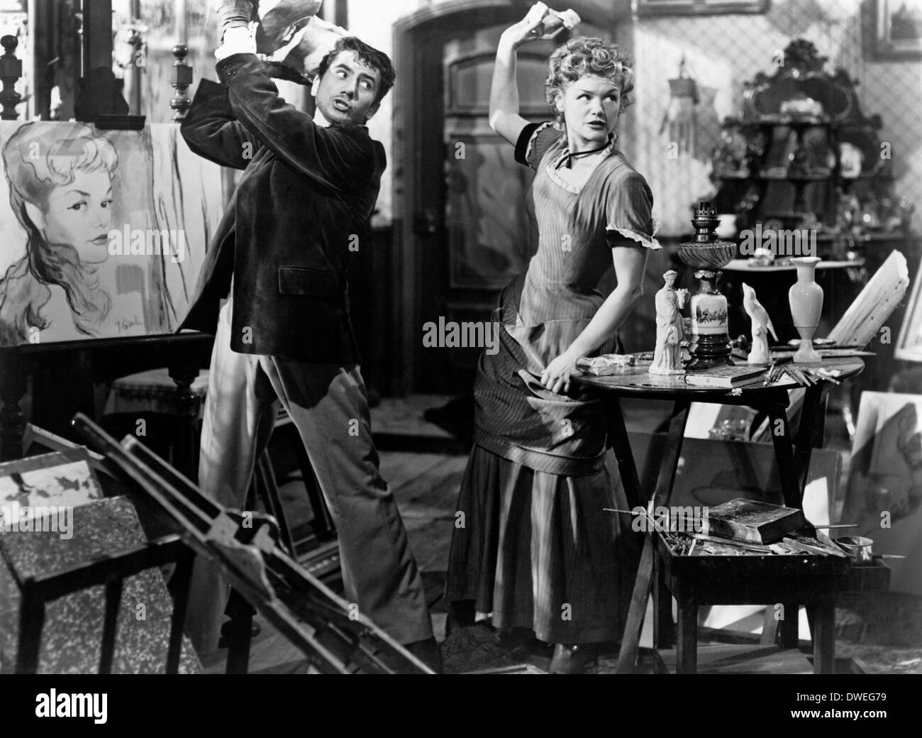 Daniel Gelin e Simone Simon, sul set del film "Le Plaisir" diretto da Max Ophüls, 1952 Foto Stock