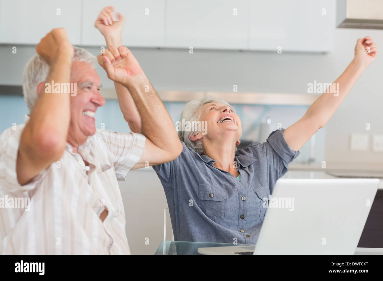 Emozionato coppia senior utilizzando il portatile al tavolo Foto Stock