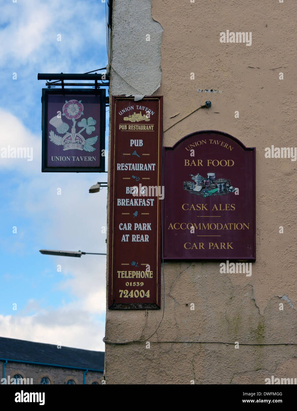 Unione taverna, inn segno. Windermere Road, Kendal Cumbria, England, Regno Unito, Europa. Foto Stock