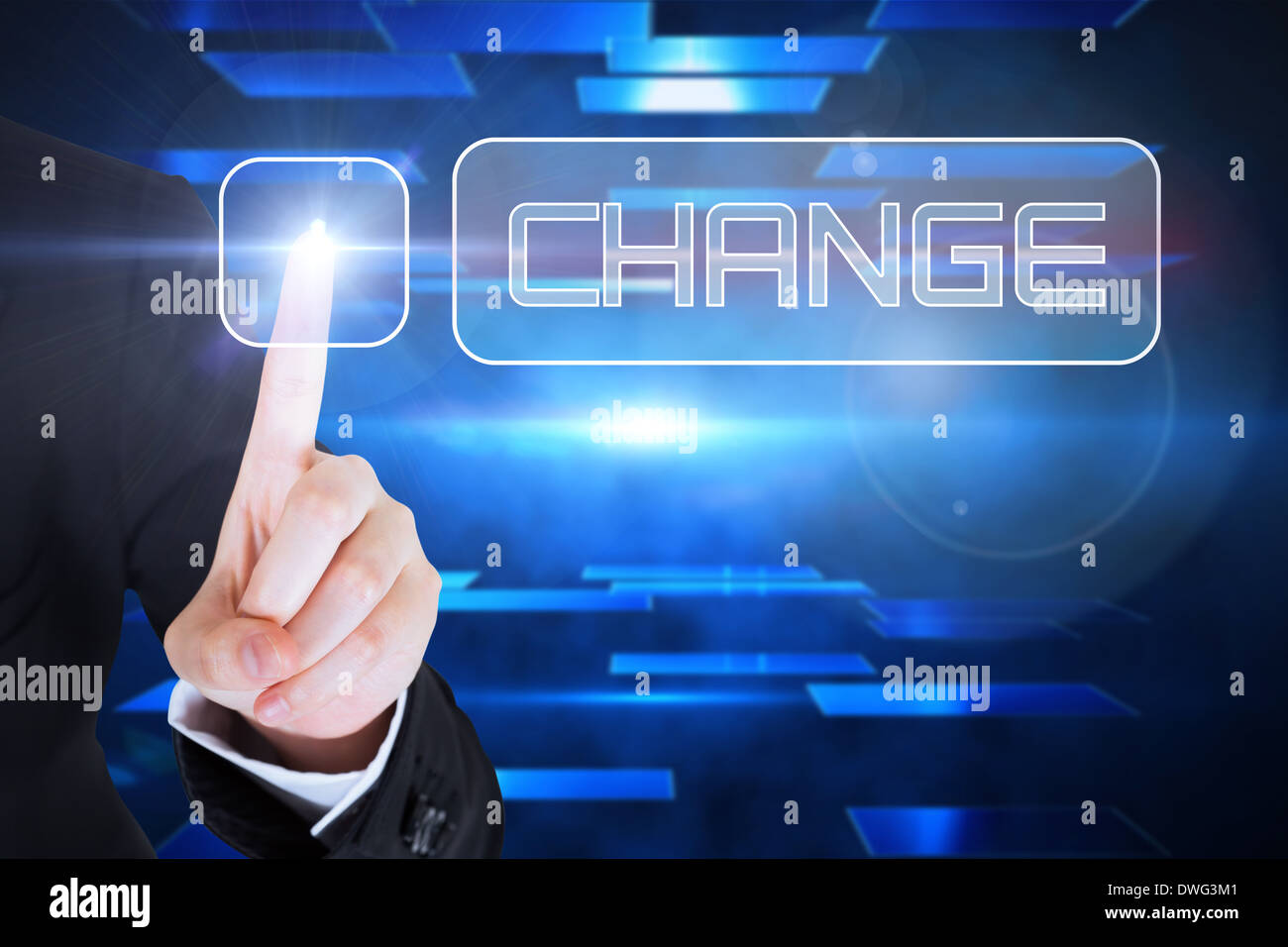 Dito Businesswomans toccando il pulsante Change Foto Stock