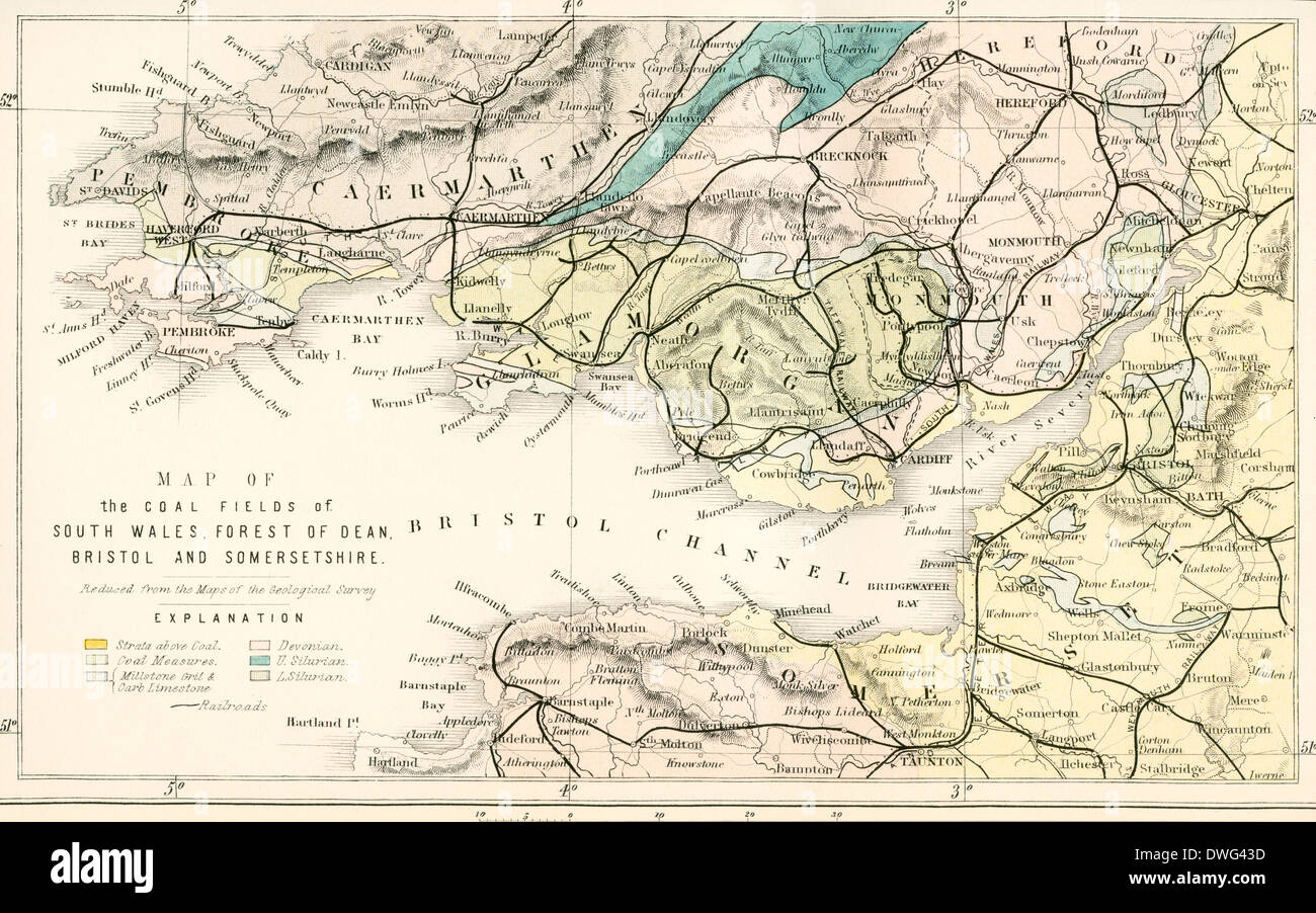 Mappa che mostra i bacini del Galles del Sud, Foresta di Dean, Bristol e Somersetshire nel XIX secolo. Foto Stock