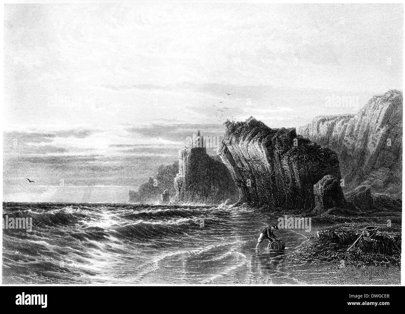 Un'incisione dal titolo 'Kynance Rocks, Cornovaglia' UK scansionò ad alta risoluzione da un libro pubblicato nel 1876. Creduto esente da copyright. Foto Stock