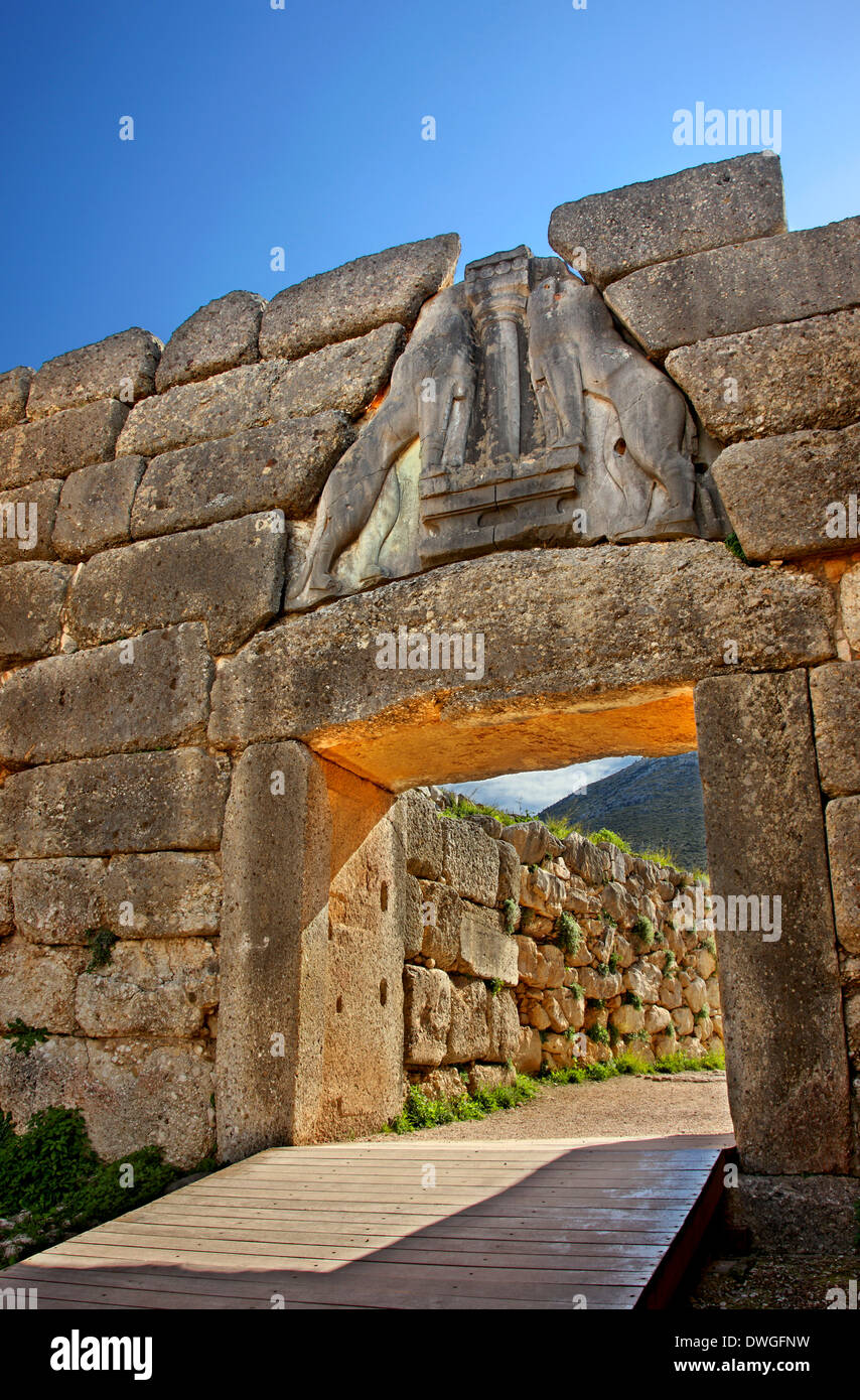 La Porta del Leone in antica Micene (Mykines), Argolide (Argolide), Peloponneso, Grecia Foto Stock
