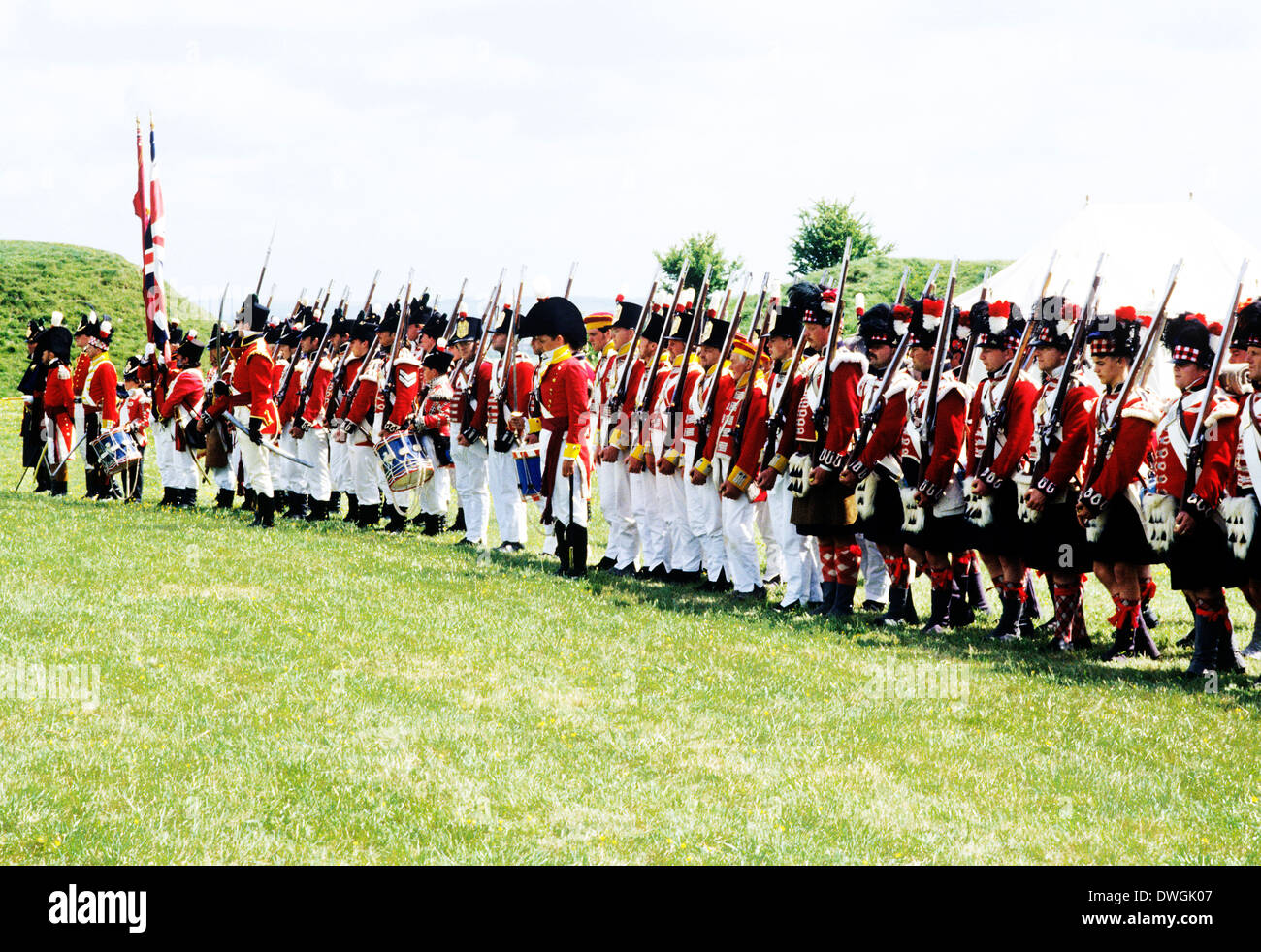 Esercito britannico, 1815, rievocazione storica, soldato soldati come distribuito nella battaglia di Waterloo e la penisola di guerra, esercito uniformi uniforme England Regno Unito Foto Stock