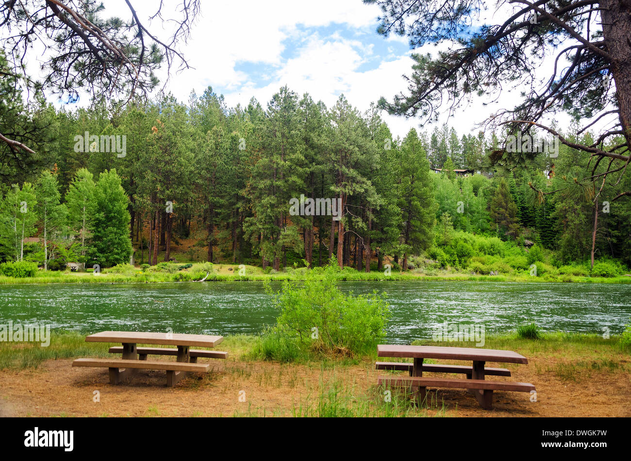 Fiume Deschutes nel centro di Oregon rallentando serpeggianti passato un paio di tavoli da pic-nic Foto Stock