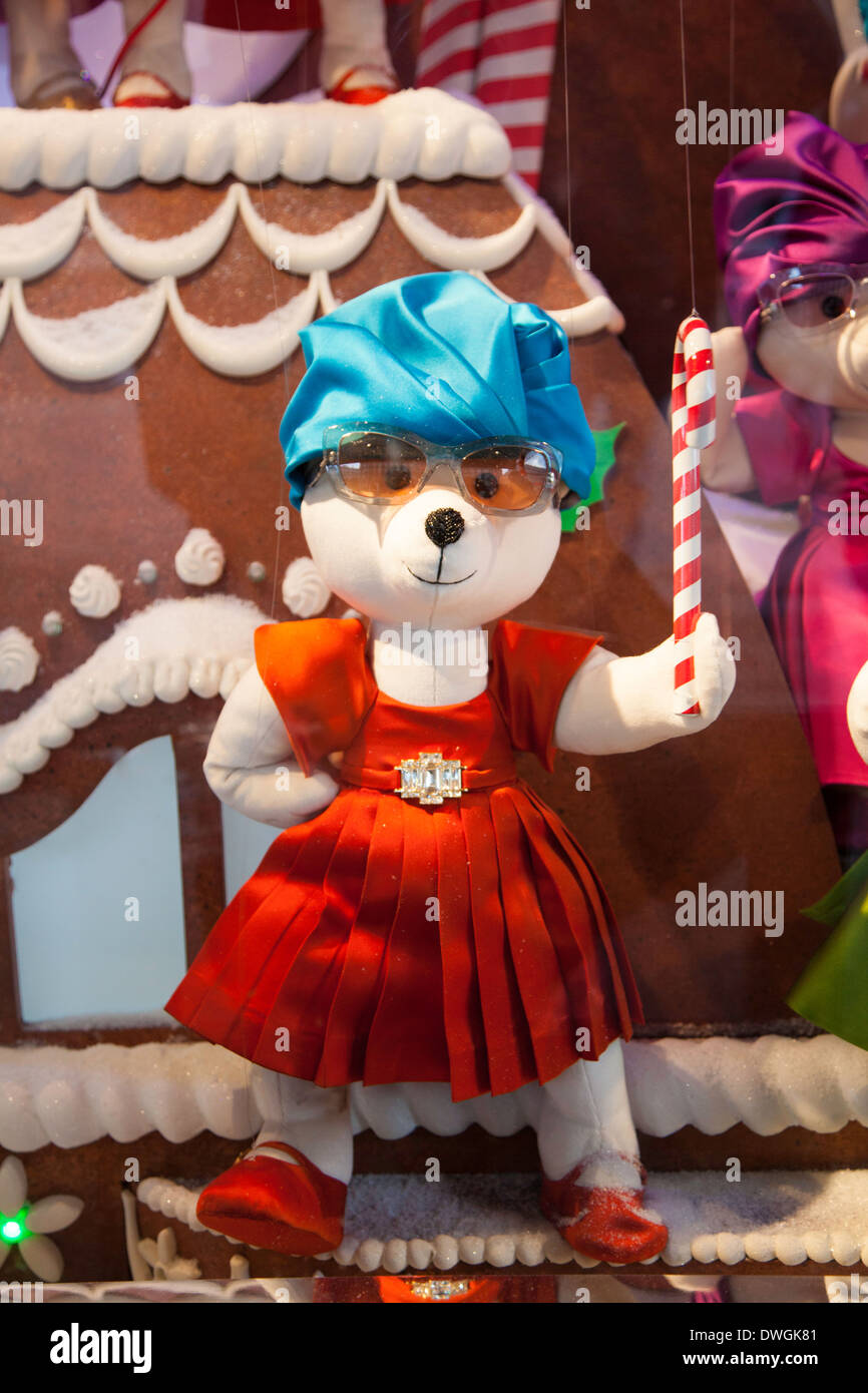 Porta nella finestra di Natale decorazioni a Au Printemps department store, Parigi, Francia Foto Stock