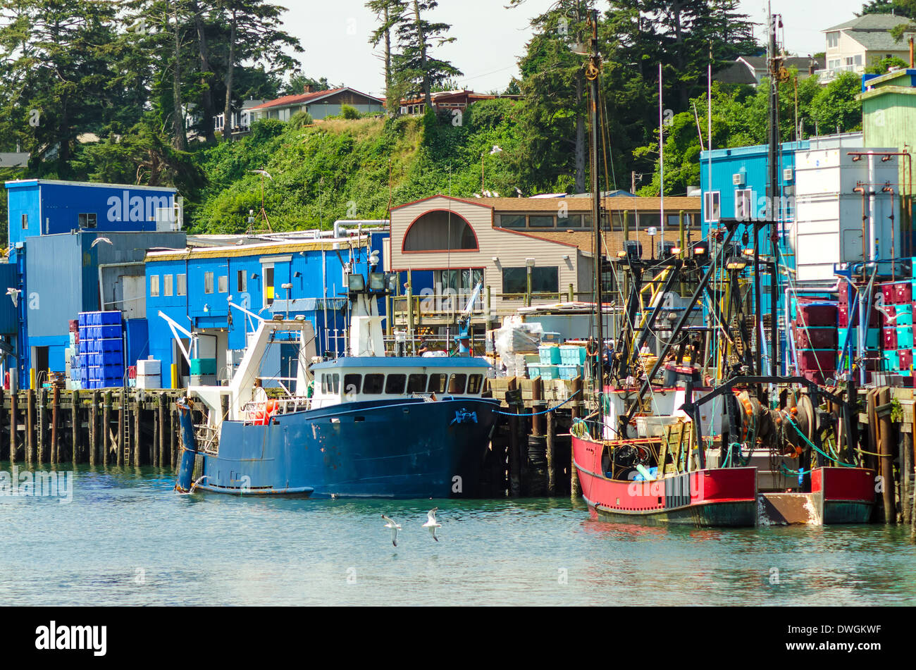 Vista del mare con le vecchie barche da pesca a Newport, Oregon Foto Stock