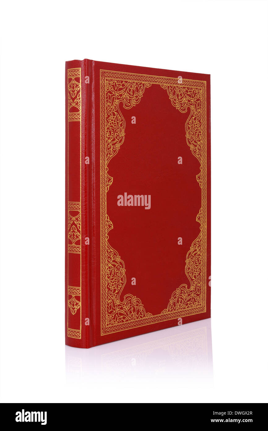 Vecchio libro rosso con il colore oro ornamento sul coperchio isolato su bianco Foto Stock