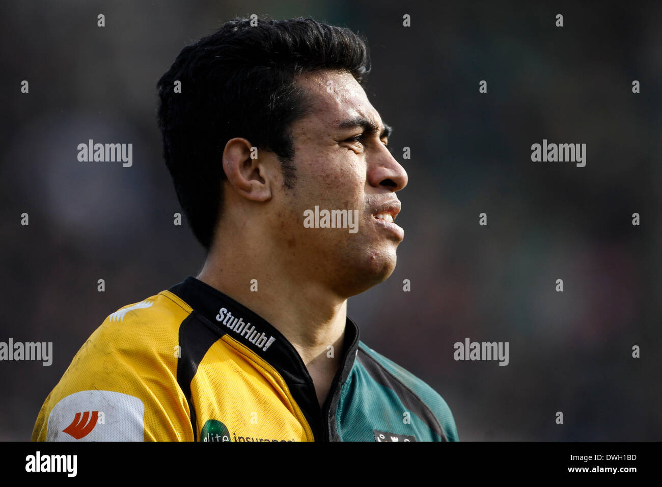 Northampton, Regno Unito. 08 Mar, 2014. Hat trick provare marcatore George PISI di Northampton Santi durante la LV= Cup semi-finale tra Northampton santi e saraceni al Franklin's Gardens. Punteggio finale: Northampton Santi 26-7 saraceni. Credito: Azione Sport Plus/Alamy Live News Foto Stock