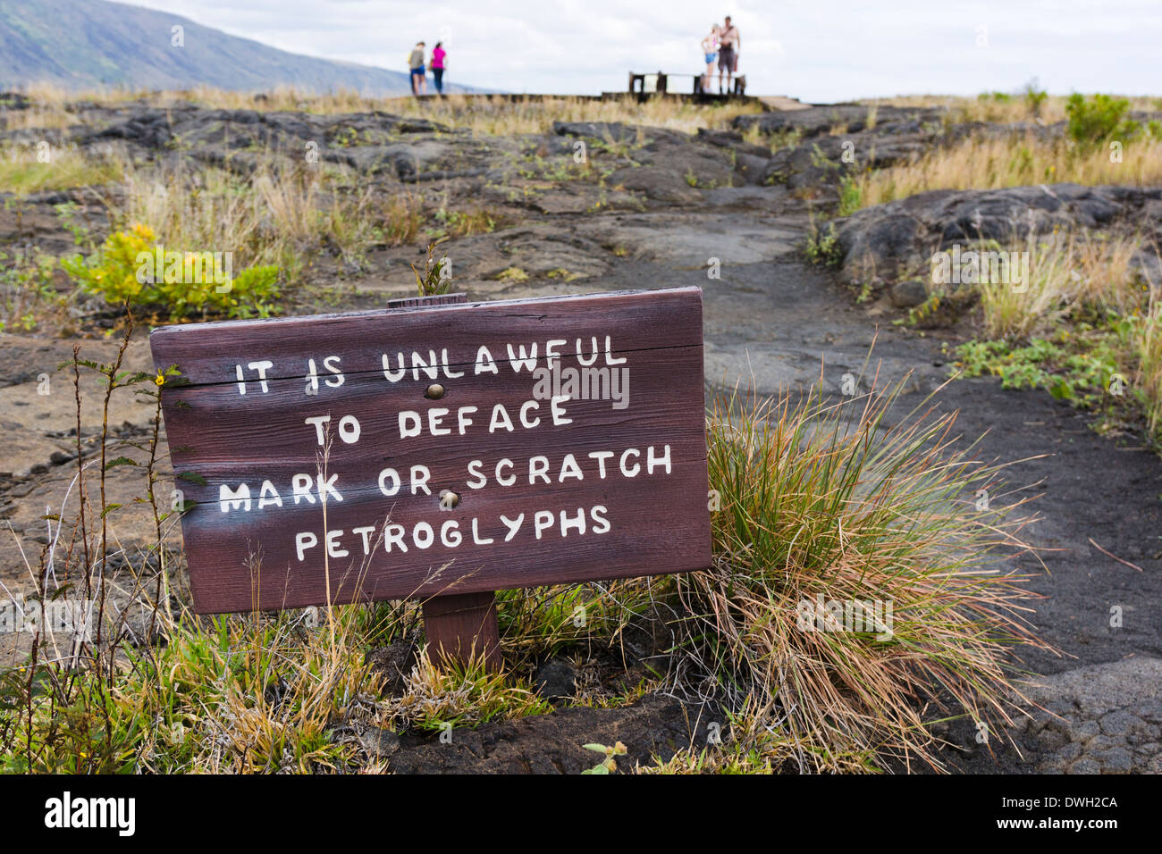 Segno "è illecito sfigurare segnare o graffiare petroglifi'. Pu'u Loa petroglifi Vulcani delle Hawaii NP, Big Island, Hawaii, Stati Uniti d'America. Foto Stock