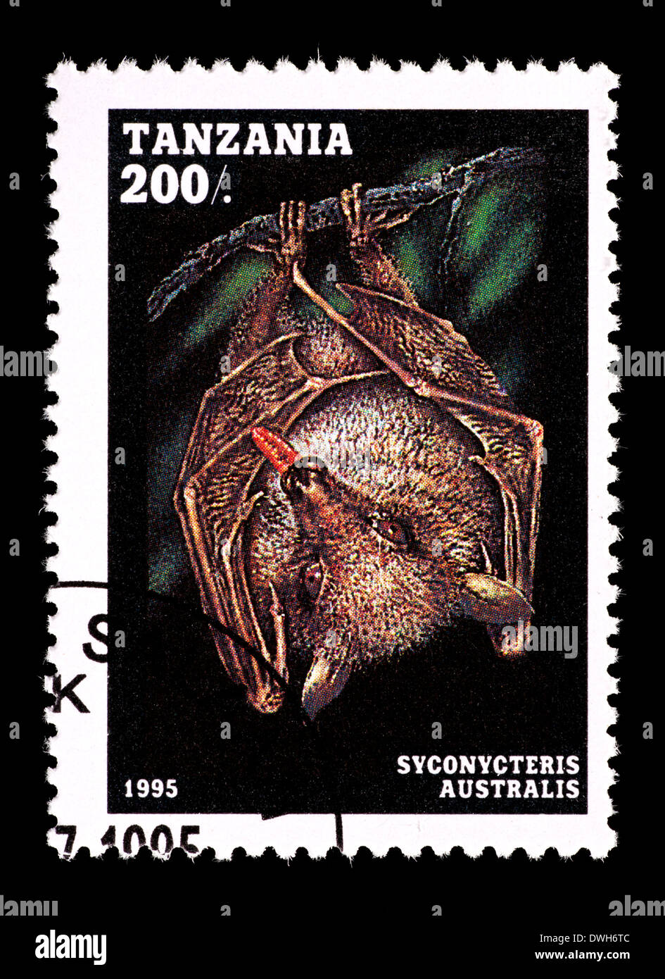 Francobollo dalla Tanzania raffigurante un fiore comune bat (Syconycteris australis) appesi a un ramo di albero. Foto Stock