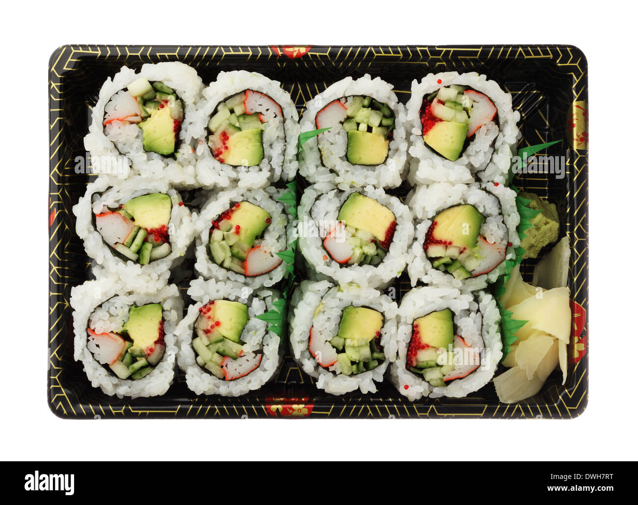 California rulli vassoio sushi isolati su sfondo bianco vista superiore Foto Stock