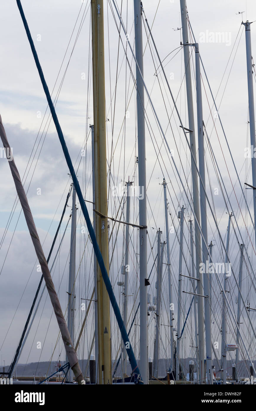 Guardando attraverso gli alberi e armamento di yacht. Foto Stock