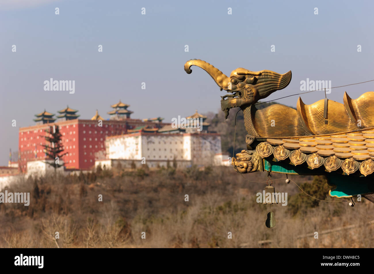 Il Xumi Fushou Tempio del tetto della Miaogao Zhuangyan hall più a sinistra il Tempio Putuozongcheng. Nella provincia di Hebei, Chengde , Cina. Foto Stock