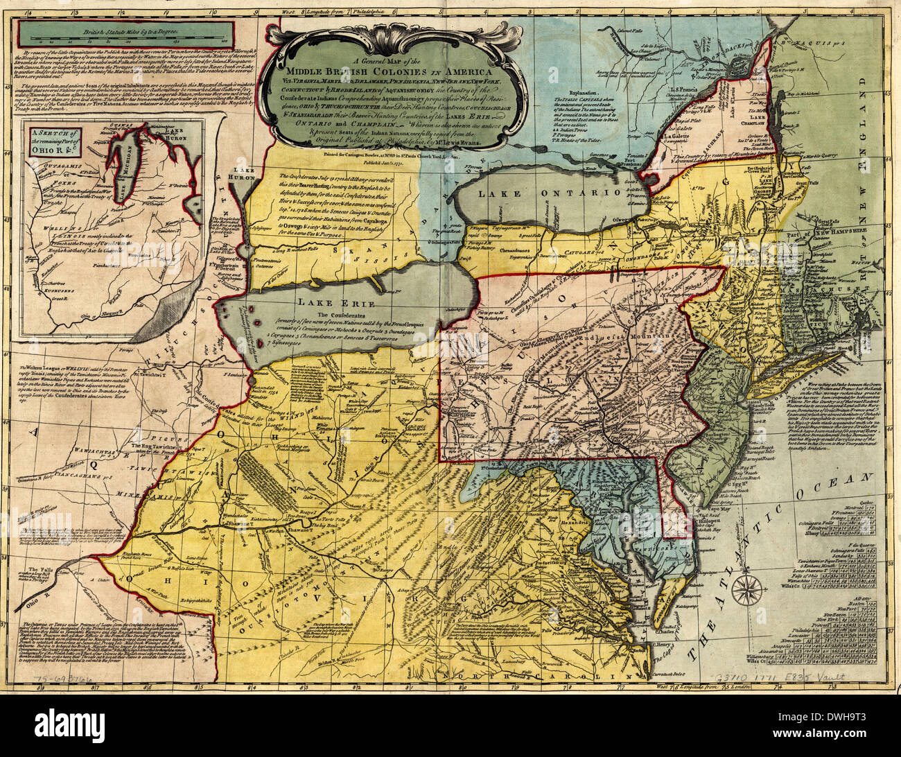 Una mappa generale del medio colonie britanniche in America, 1771 Foto Stock