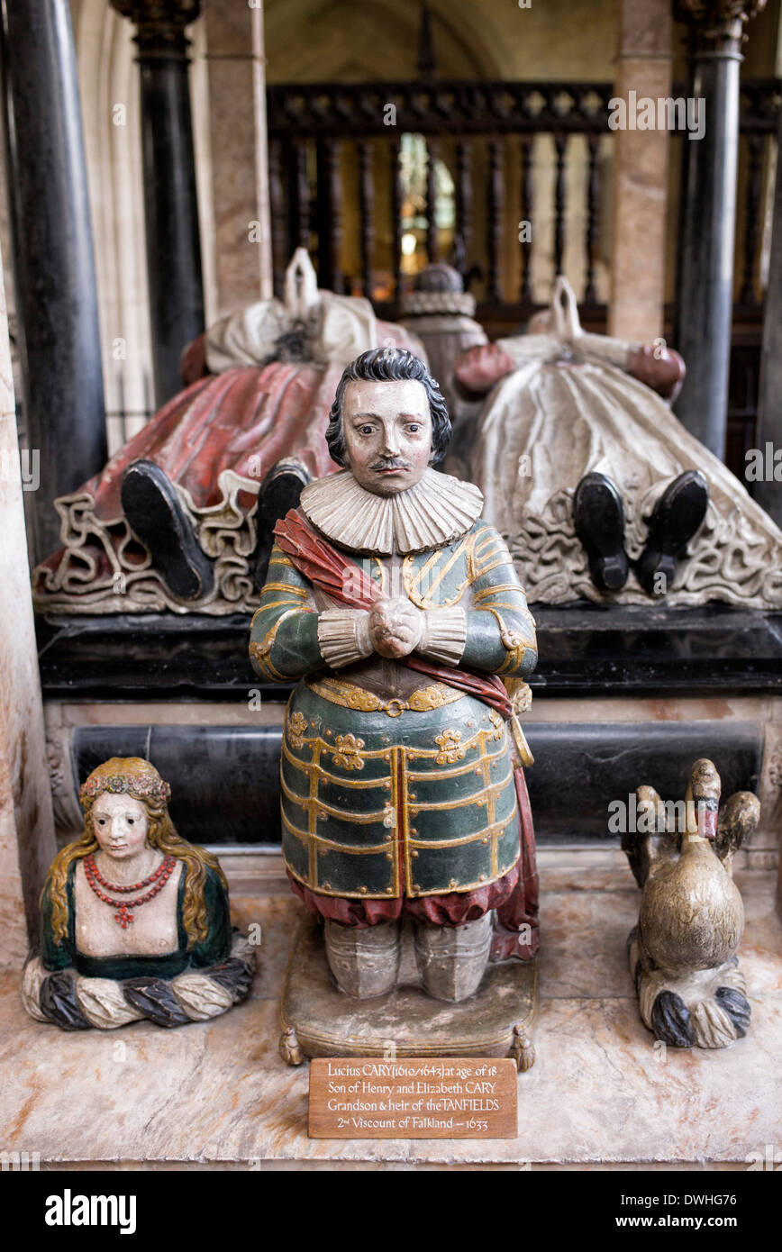 Un monumento di Lucio Carey e sua moglie Elisabetta all'interno di San Giovanni Battista, burford, Cotswolds, Oxfordshire, Inghilterra Foto Stock