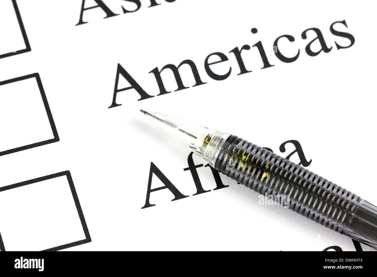 Closeup Matita meccanica punto alla casella di testo nelle Americhe. Foto Stock