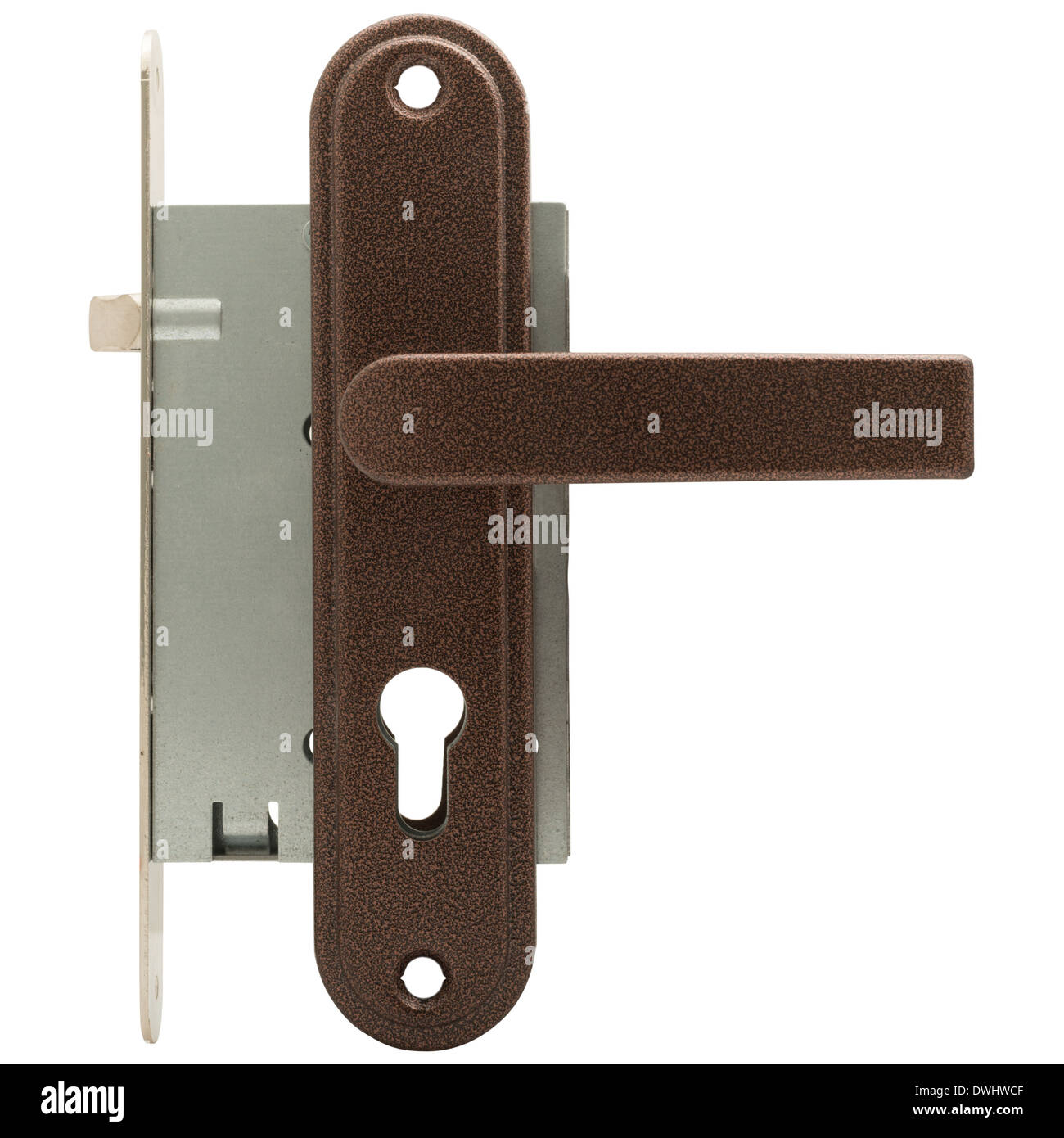 Closeup colpo di serratura della porta con impugnatura isolata su bianco Foto Stock