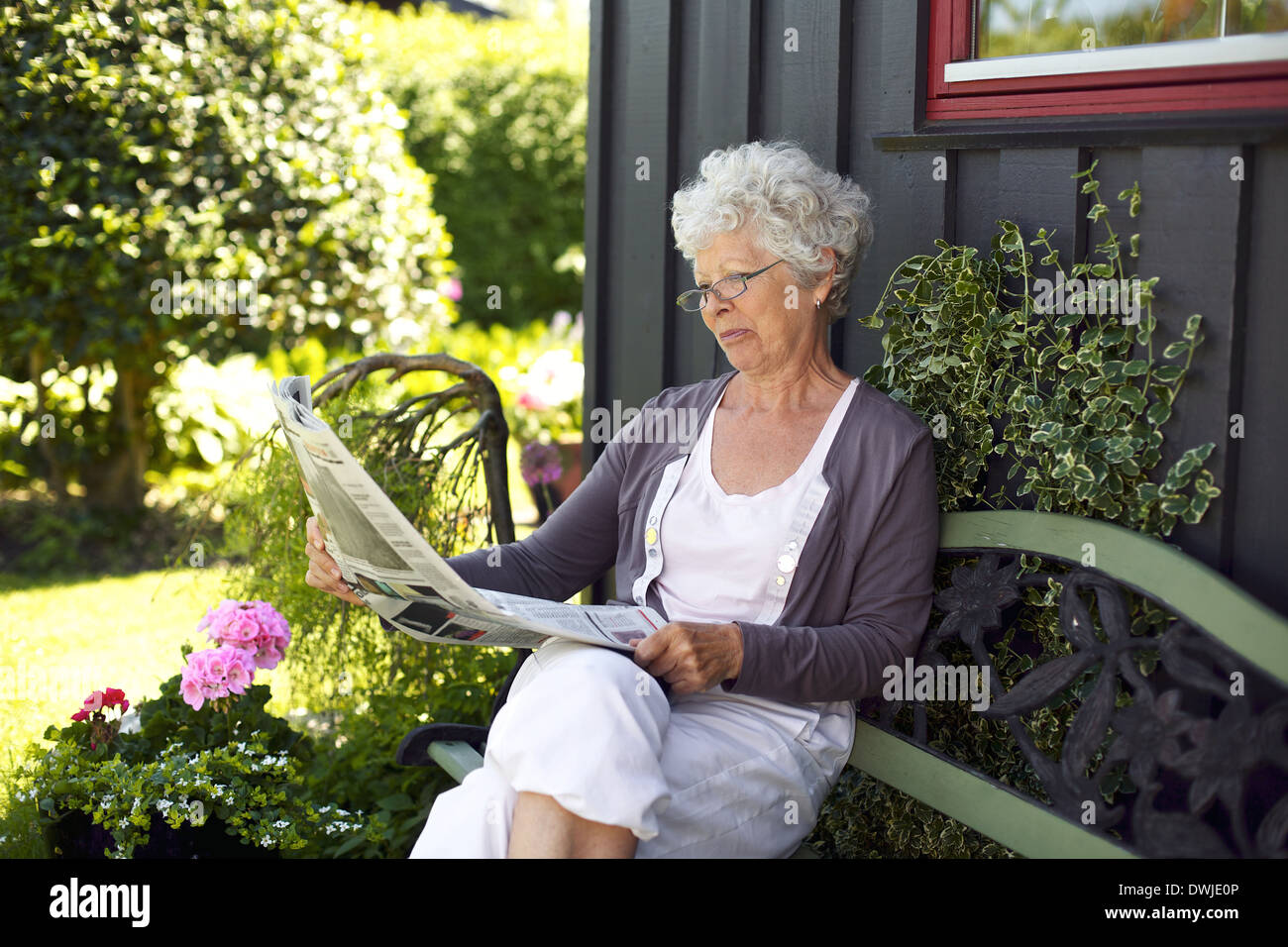 Rilassata vecchia donna seduta sul banco in cortile quotidiano di lettura Foto Stock