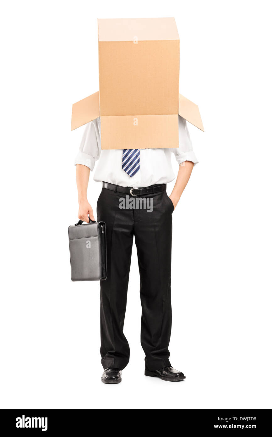 Imprenditore con una scatola di cartone sulla sua testa Foto Stock