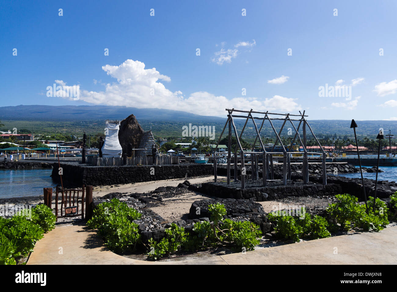 Ahu'ena Heiau, personal tempio di Kamehameha il grande. Sulla Kamakahonu Pietra Miliare Storica Nazionale, Kailua-Kona, Big Island delle Hawaii, Foto Stock