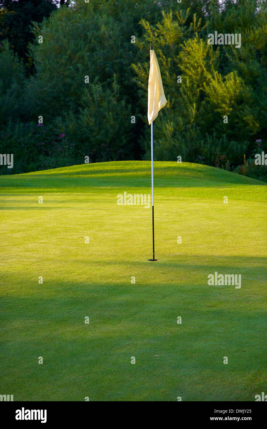 Bandiera di golf nel foro sul verde su un campo da golf. Foto Stock