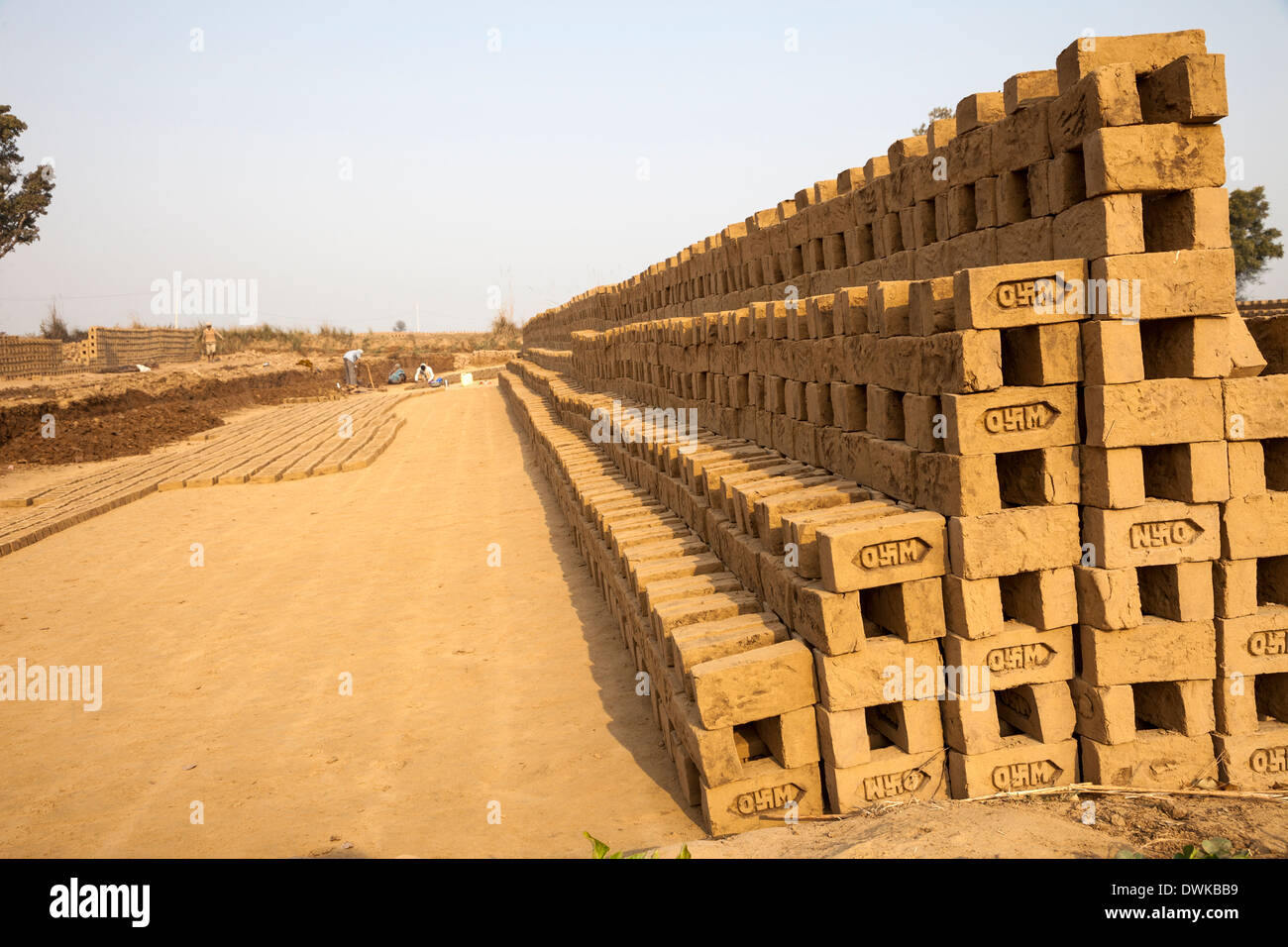 Rajasthan, India. Fresco di mattoni formati al sole prima di andare per la Metropolitana di forni per la cottura. Con la svastica indù nel logo della società. Foto Stock
