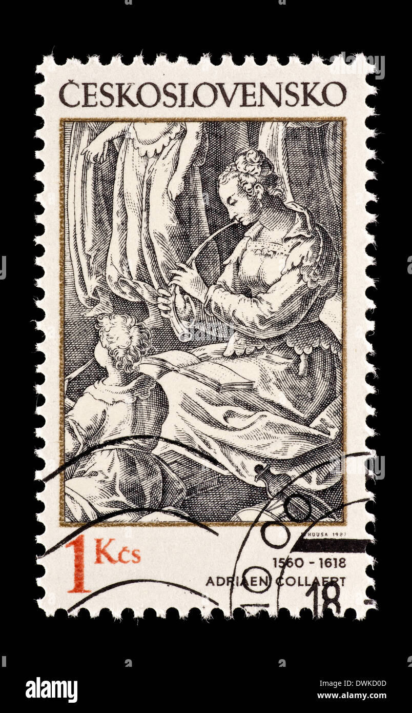Francobollo dalla Cecoslovacchia raffigurante il Adriaen Collaert dipinto 'Donna flautista' Foto Stock