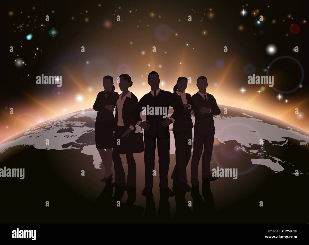 Il team globale concetto di business dinamico team in silhouette con globo in background Foto Stock