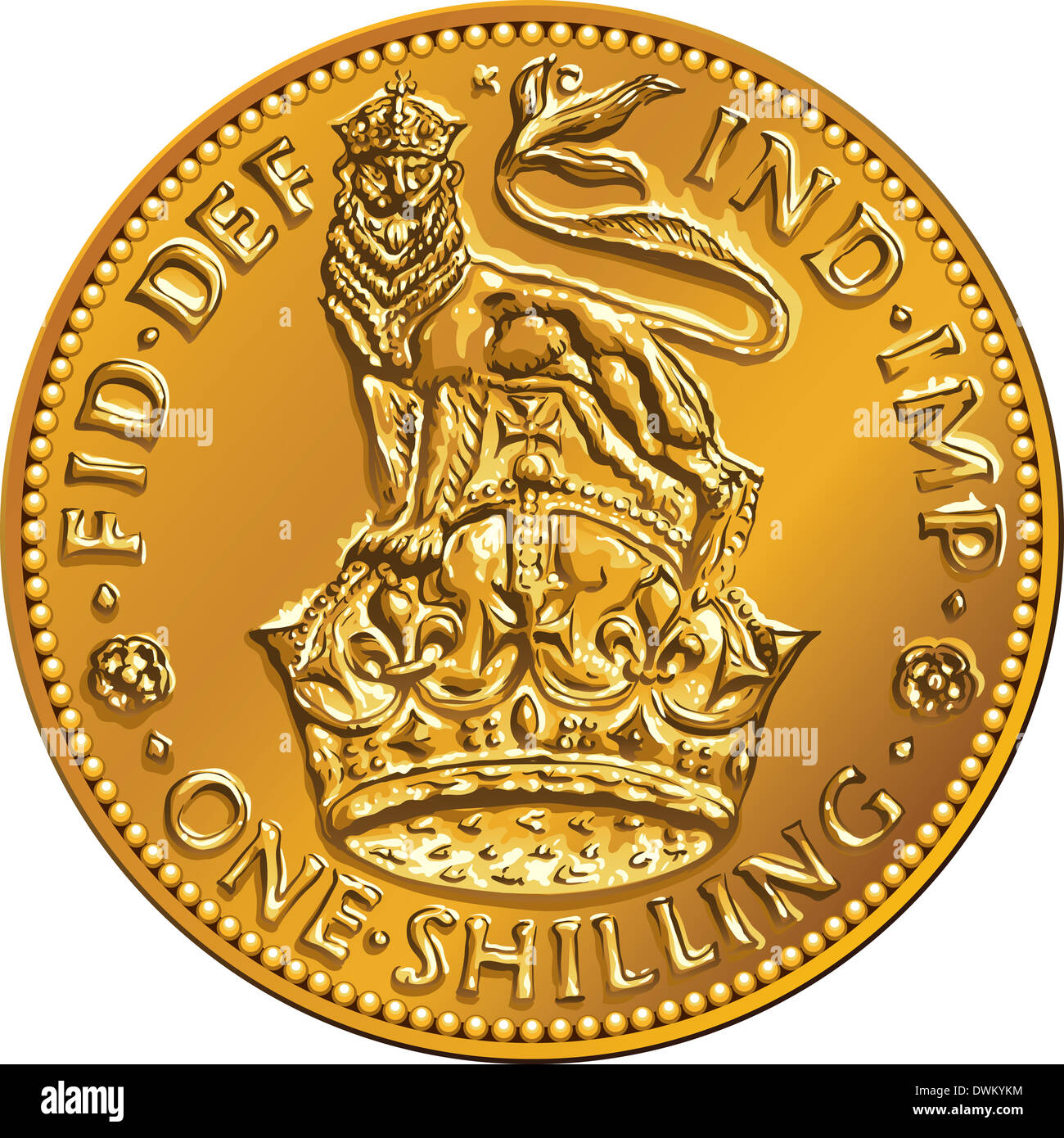 British denaro moneta in oro uno scellino con l immagine di un leone araldico e corona, isolati su sfondo bianco Foto Stock