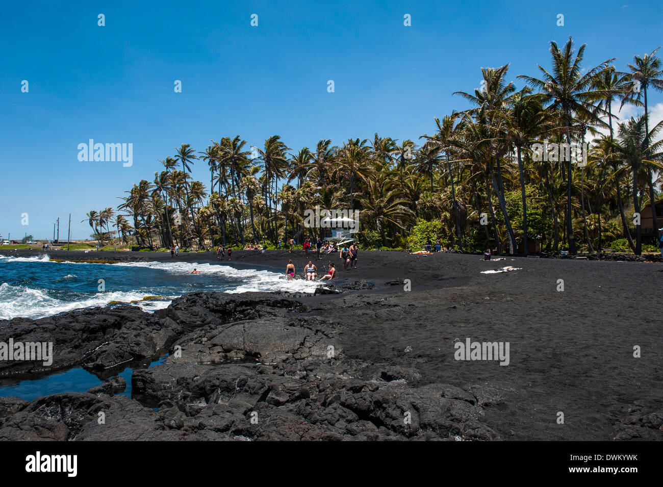 Punaluu spiaggia di sabbia nera sulla Big Island, Hawaii, Stati Uniti d'America, il Pacifico Foto Stock