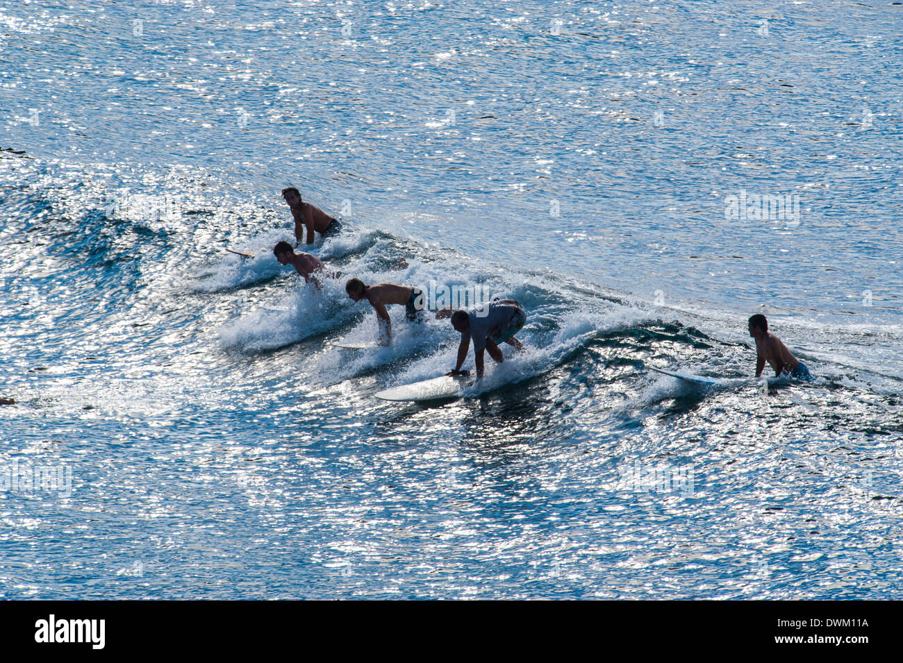 I surfisti a Hookipa Beach Park, Paai, Maui, Hawaii, Stati Uniti d'America, il Pacifico Foto Stock