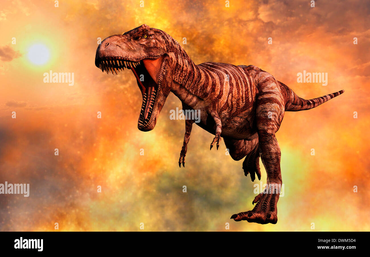 Un T.REX in fuga da un incendio tempesta. Foto Stock