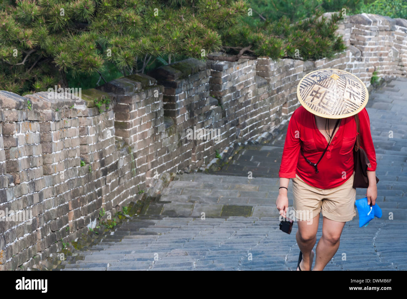 Una giovane donna sola trekking lungo la Grande Muraglia della Cina. Foto Stock