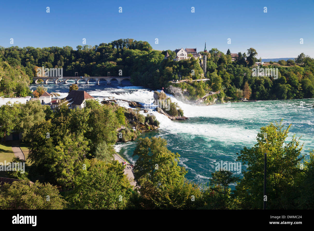 Cascate del Reno (Rheinfall) cascate con Schloss Laufen Castello di Neuhausen vicino a Sciaffusa, Canton Sciaffusa, Svizzera Foto Stock