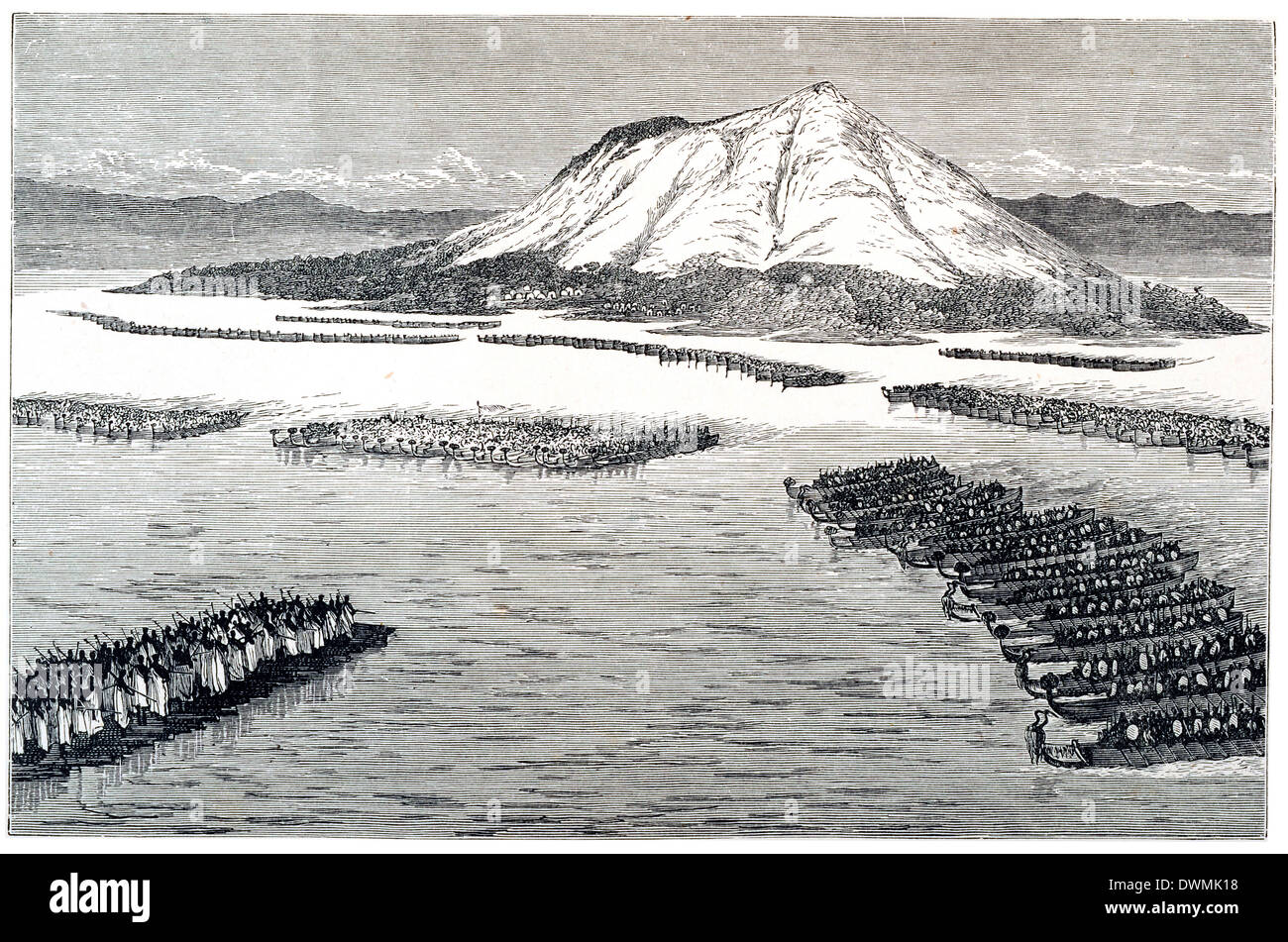 Una delle grandi battaglie navali tra la Waganda e il Wavuma nel canale tra Ingira Island e Cape Nakaranga Foto Stock