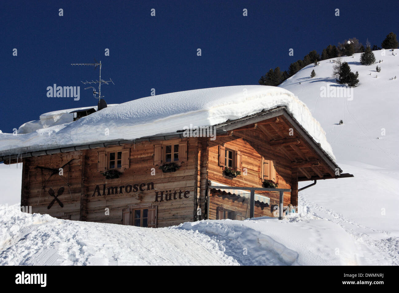 Ristorante Almrosen Hütte, Alpe di Siusi / Alpe di Siusi Alto Adige / Alto Adige, Italia Foto Stock