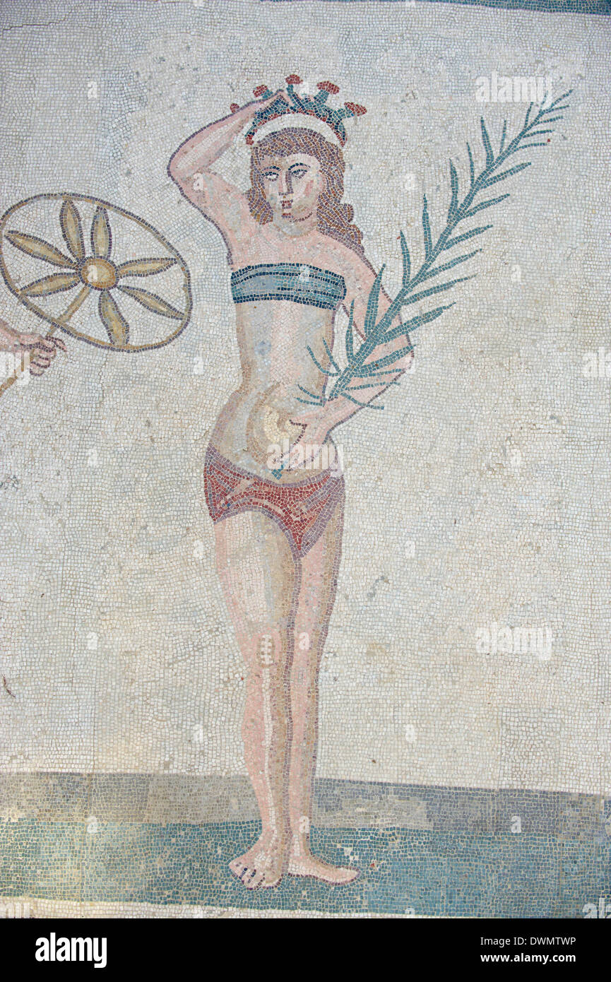 Mosaico di ragazze in bikini, Villa Romana del Casale di Piazza Armerina, Sito Patrimonio Mondiale dell'UNESCO, Sicilia, Italia, Europa Foto Stock