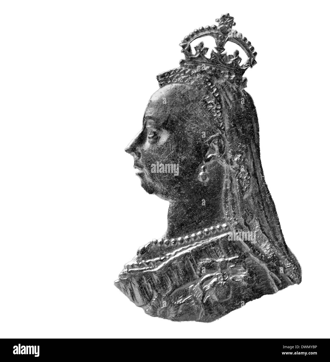 Ritratto della regina Victoria, da 1 scellino monete d'argento, UK, 1887, su sfondo bianco Foto Stock