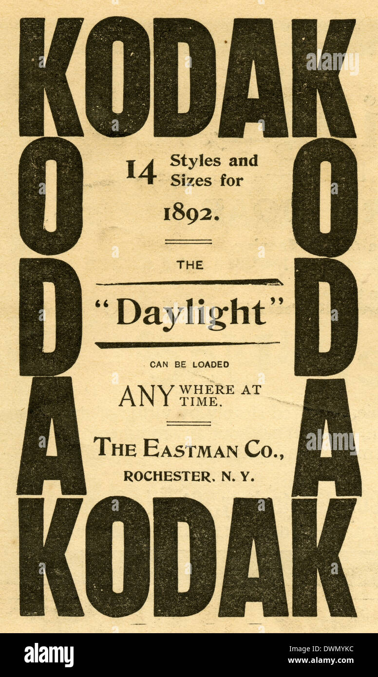 1892 annuncio, Kodak, 14 stili e dimensioni per 1892; la luce naturale può essere caricato in qualsiasi luogo e in qualsiasi momento. Foto Stock