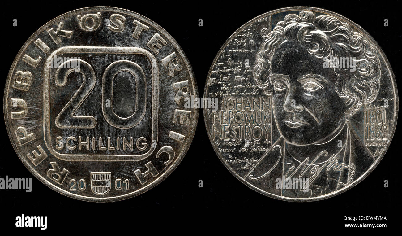 20 scellini moneta, Johann Nepomuk Nestroy, Austria, 2001 Foto Stock