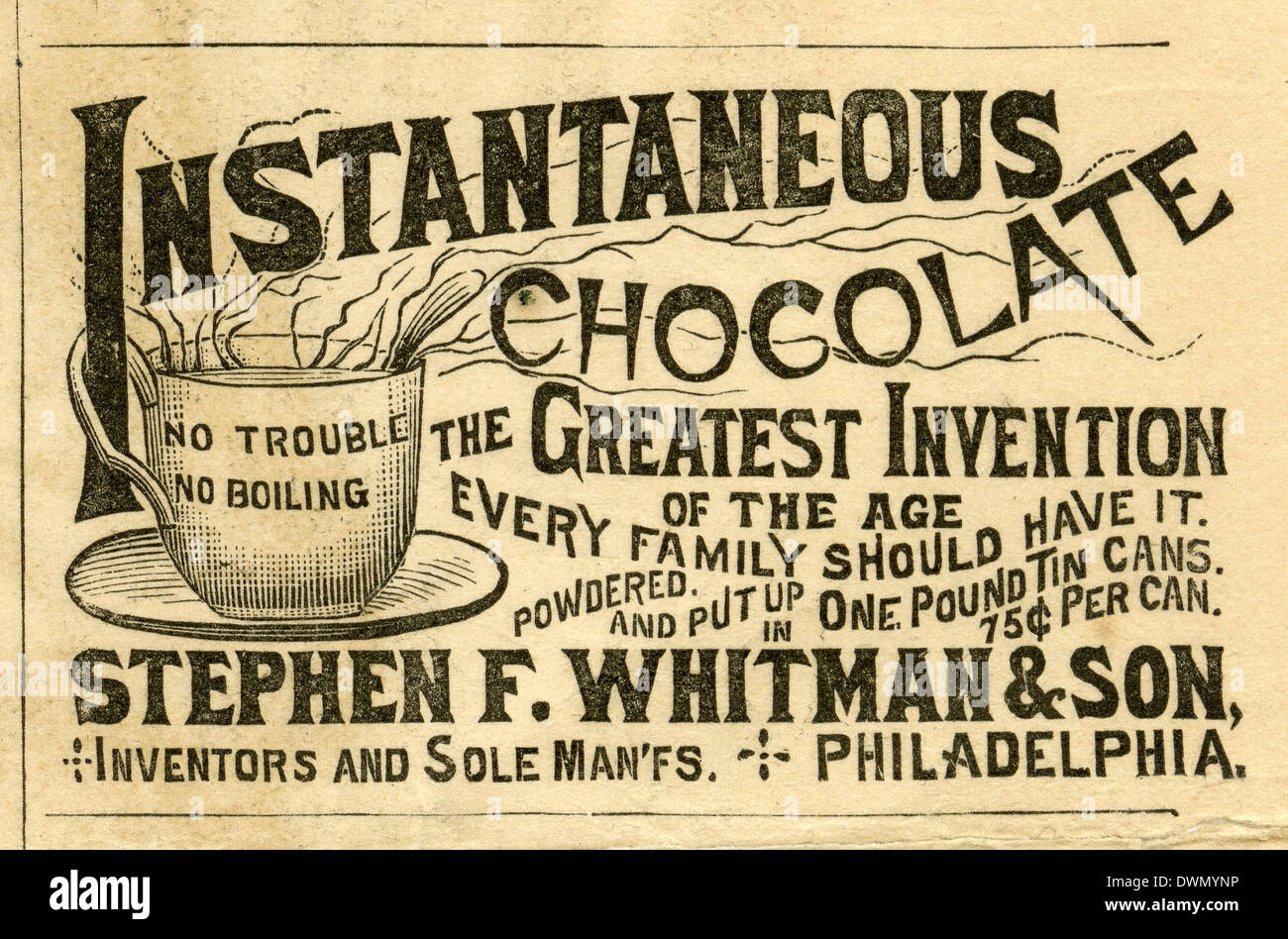 1892 annuncio, il cioccolato in polvere in lattine di lattina da Stephen F. Whitman di Philadelphia. Foto Stock