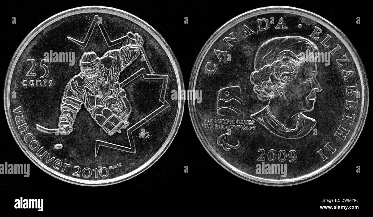 25 centesimi moneta, Sledge Hockey, invernali di Vancouver, Canada, 2009 Foto Stock