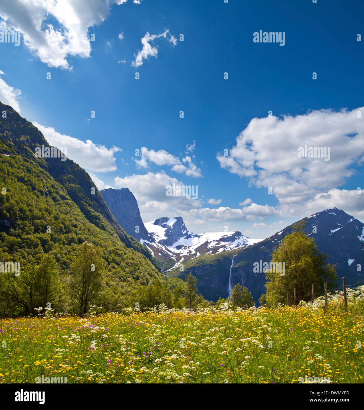 Paradiso valle di montagna di Jostedalsbreen national park, estate Foto Stock