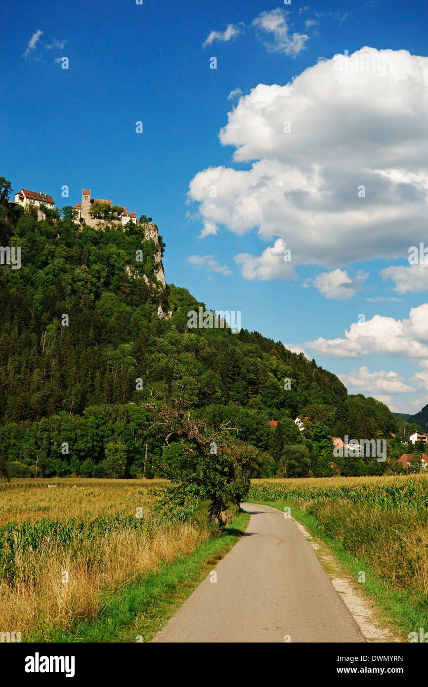 Vista di Donautal (Valle del Danubio), Schaufelsen e Werenwag Castello Svevo, Baden-Württemberg, Germania, Europa Foto Stock
