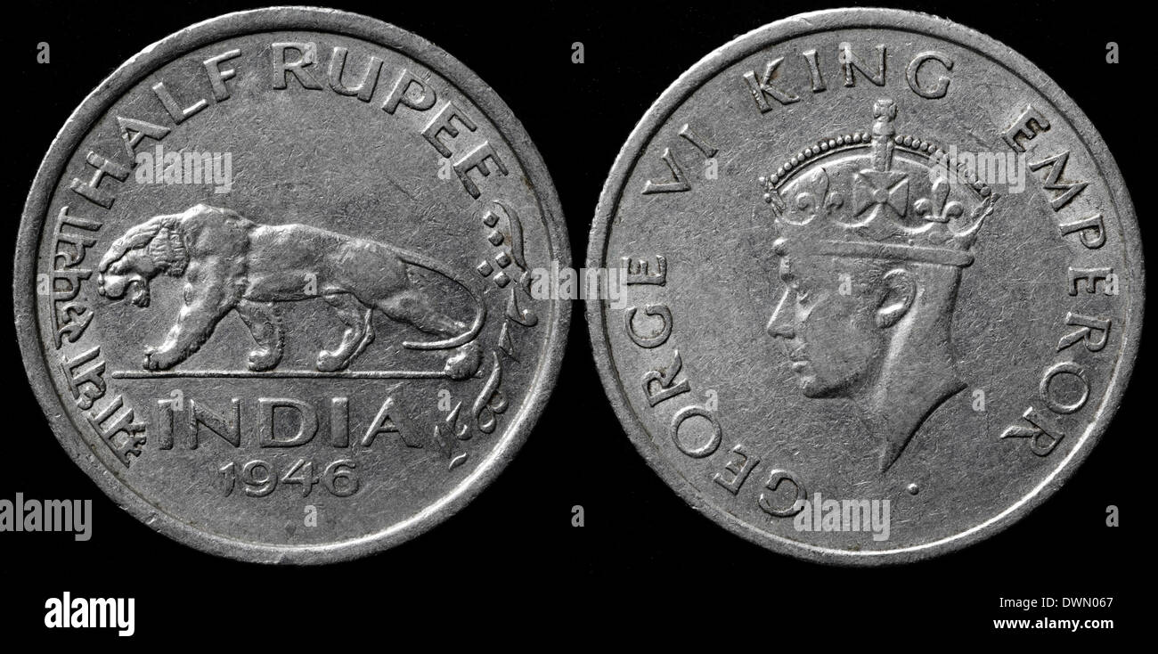 Mezza rupee coin, King George VI, India, 1946 Foto Stock