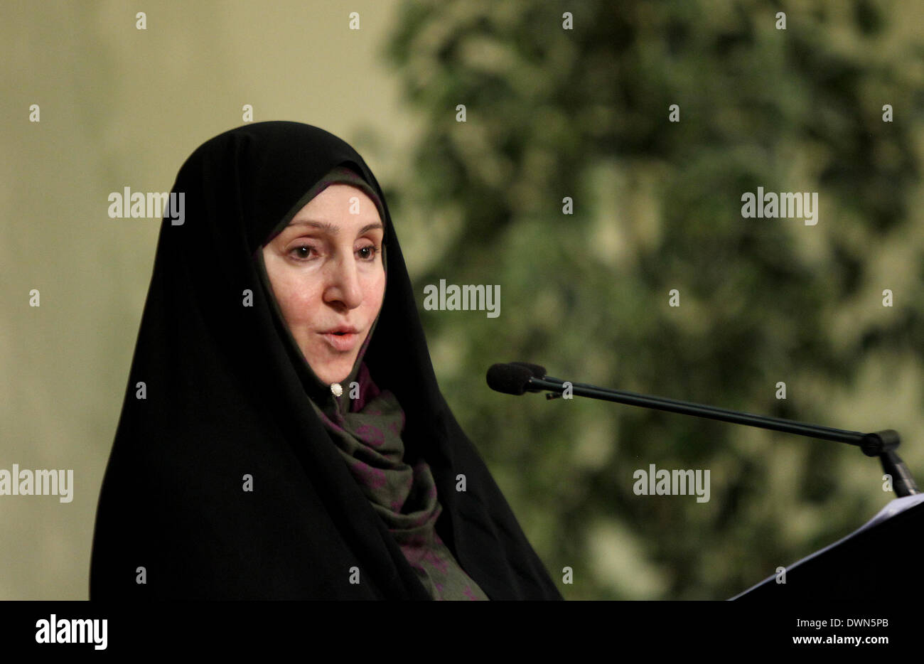 Tehran. Undicesimo Mar, 2014. Ministero degli Esteri iraniano portavoce Marzieh Afkham tiene una conferenza stampa a Teheran il 11 marzo, 2014. Iran seguirà il caso di due iraniani che secondo come riferito sono stati sulla mancanza di Malaysian Airlines con un passaporto falso, Marzieh Afkham detto. © Ahmad Halabisaz/Xinhua/Alamy Live News Foto Stock