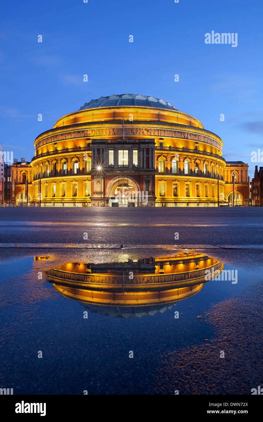 Royal Albert Hall riflessa nella pozzanghera, London, England, Regno Unito, Europa Foto Stock