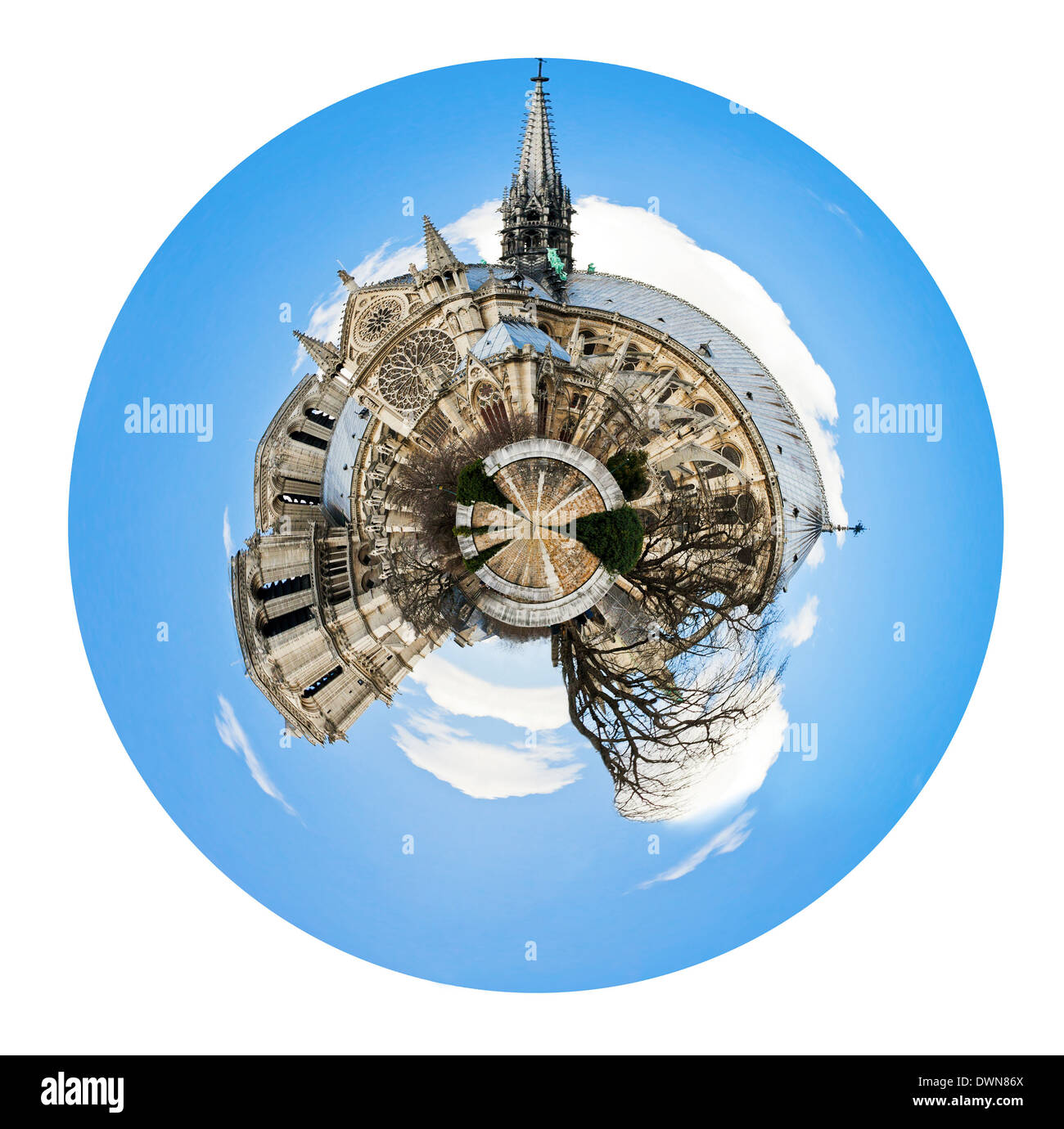 Piccolo pianeta - sferica urbano vista della cattedrale di Notre Dame de Paris isolati su sfondo bianco Foto Stock